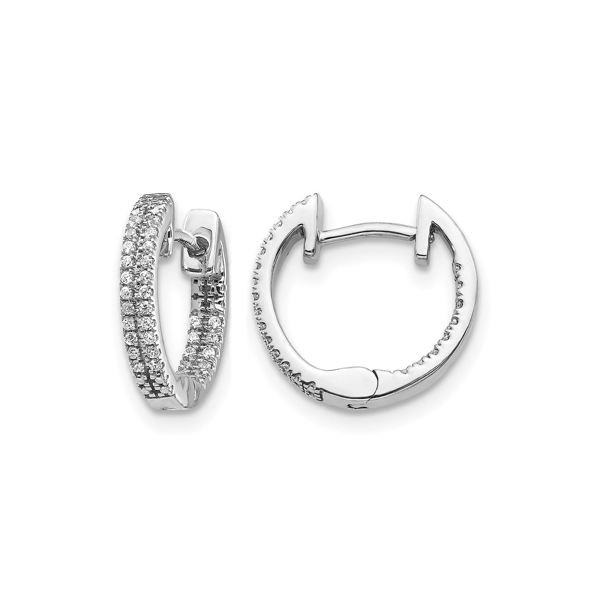 14k White Gold Hoop Earrings with Double Row Cubic Zirconia, Hinged Closure Design