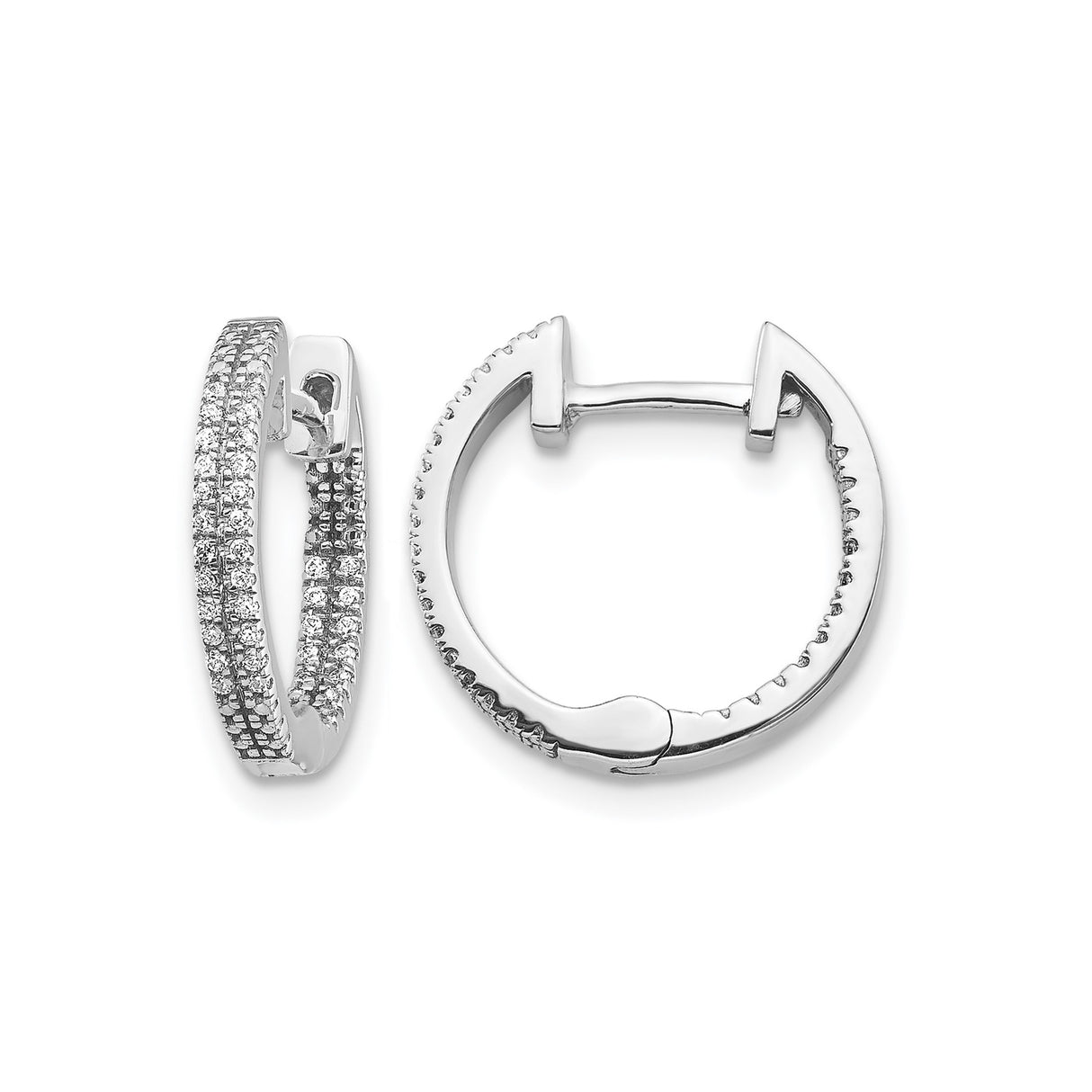 14k White Gold Hoop Earrings with Triple Row Cubic Zirconia, Prong Set Hinged Design