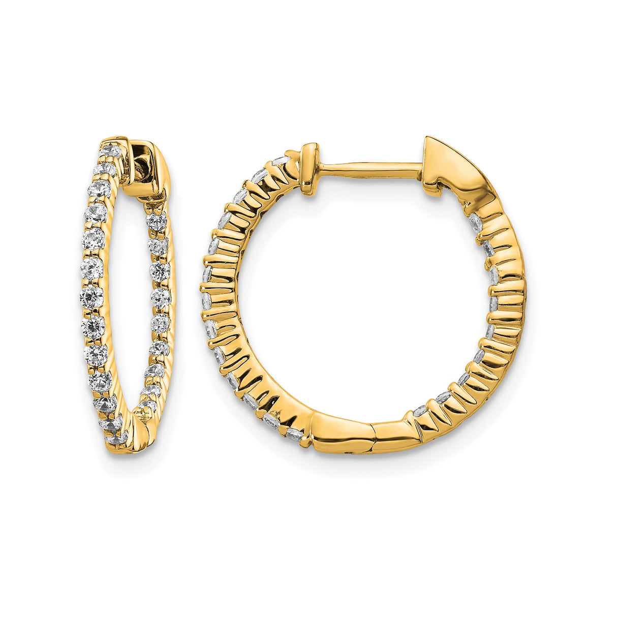 14k Yellow Gold Diamond Hoop Earrings, Prong Set Round Cut, Full Circle Lightweight Design