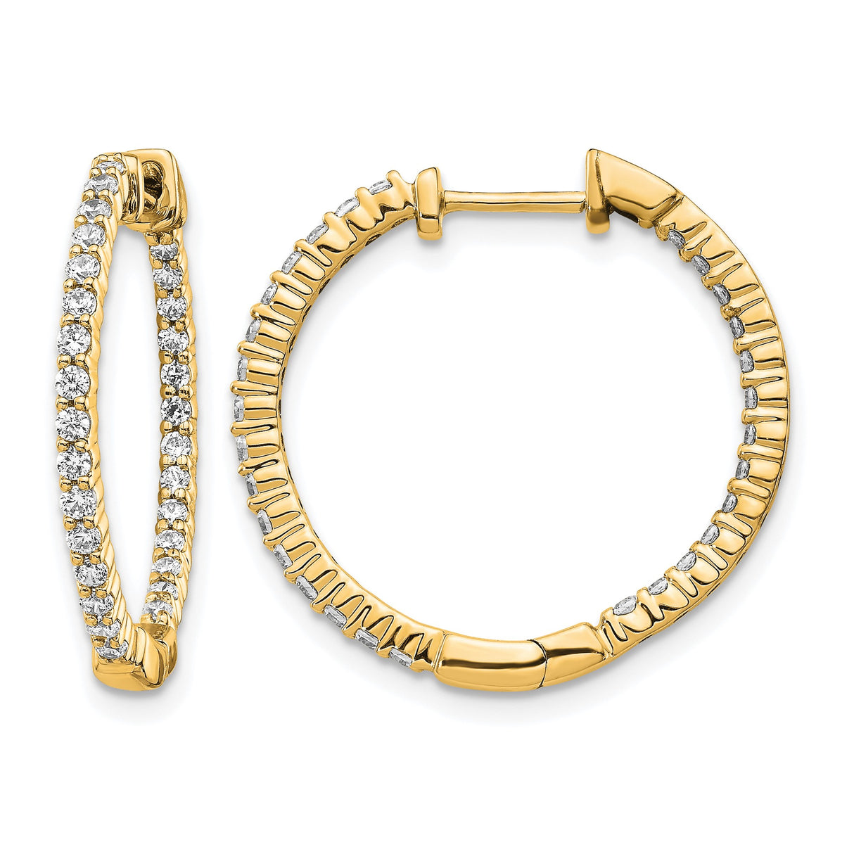 10k Yellow Gold Hoop Earrings with Round Cut Cubic Zirconia, Shared Prong Setting, Classic Style