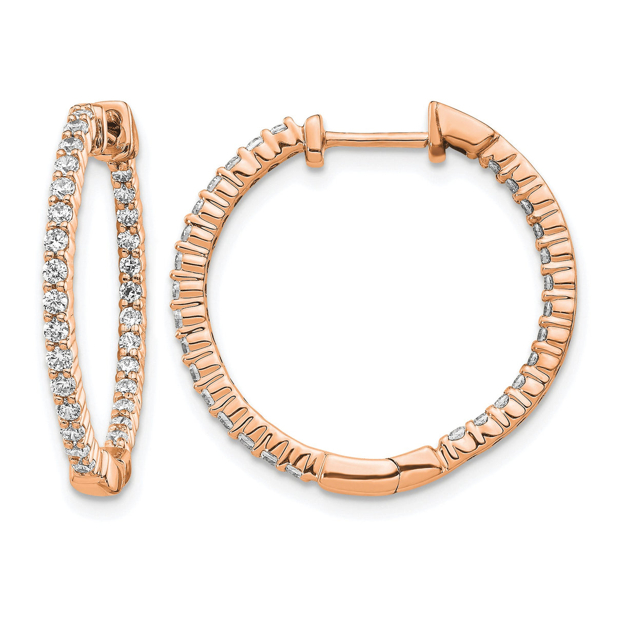 14k Rose Gold Diamond Hoop Earrings, Round Cut Prong Set, Minimal Style for Women
