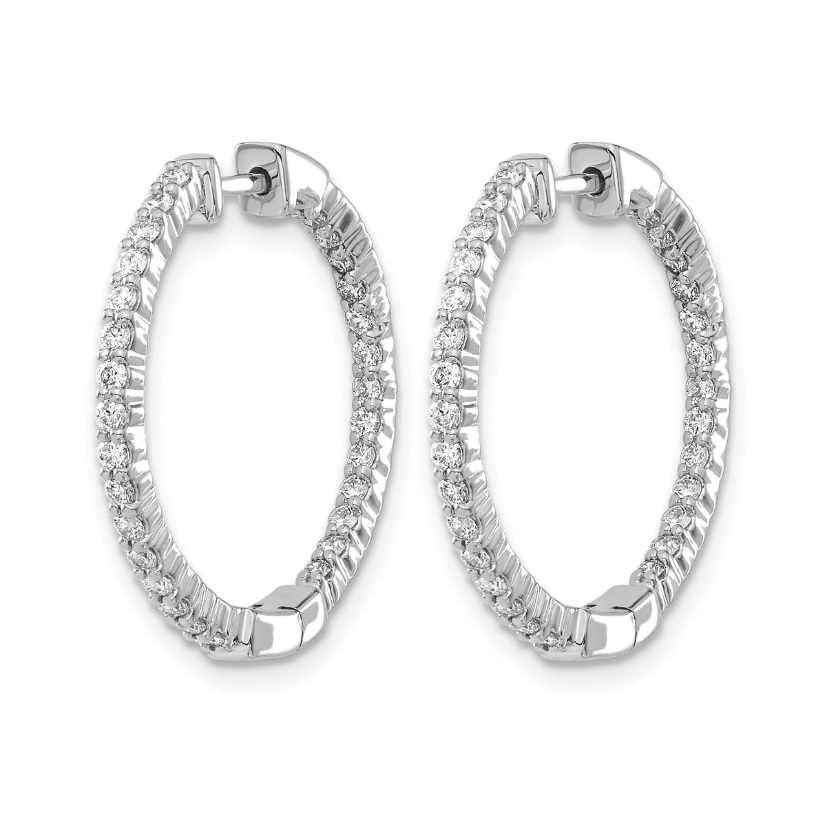 14k White Gold Hoop Earrings with Round-Cut Diamonds, Shared Prong In-Out Design