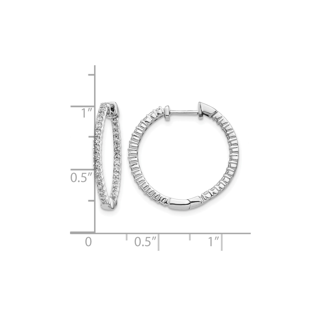 14k White Gold Hoop Earrings with Round-Cut Diamonds, Shared Prong In-Out Design