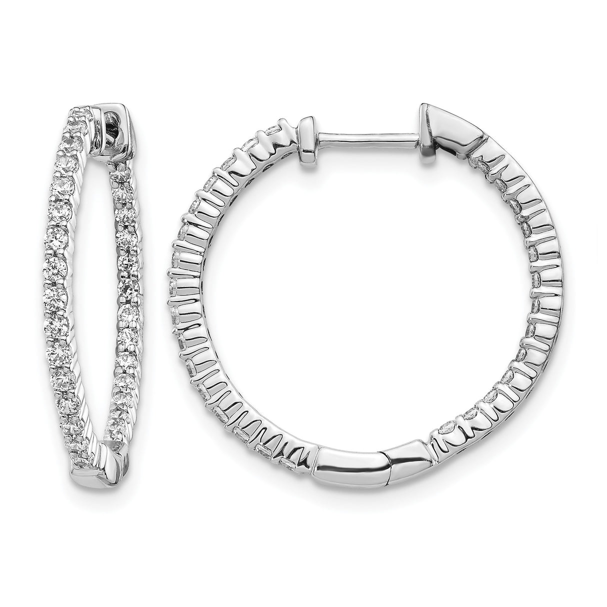 14k White Gold Hoop Earrings with Round-Cut Diamonds, Shared Prong In-Out Design