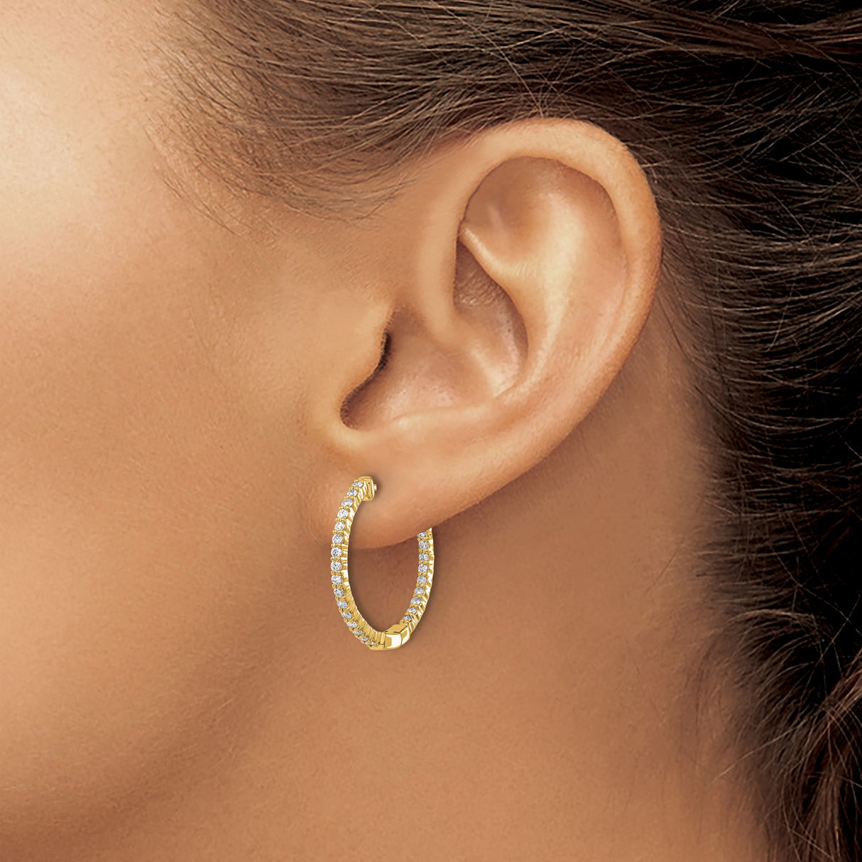 14k Yellow Gold Hoop Earrings with Round-Cut Diamonds, Inside-Out Prong Set Design