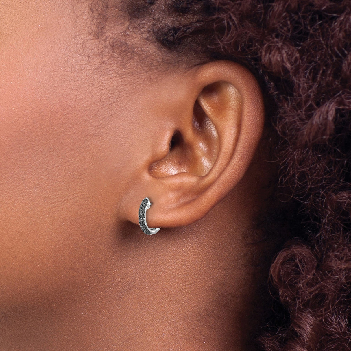 14k White Gold Hoop Earrings with Black Diamonds, Pavé Huggie Style