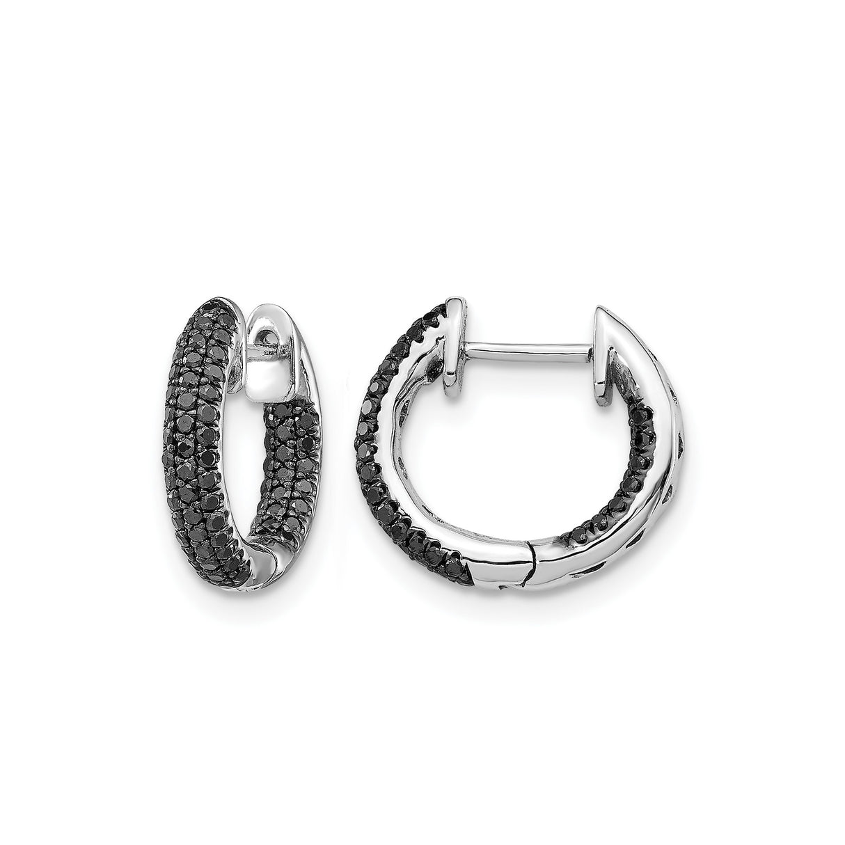 14k White Gold Hoop Earrings with Black Diamonds, Pavé Huggie Style