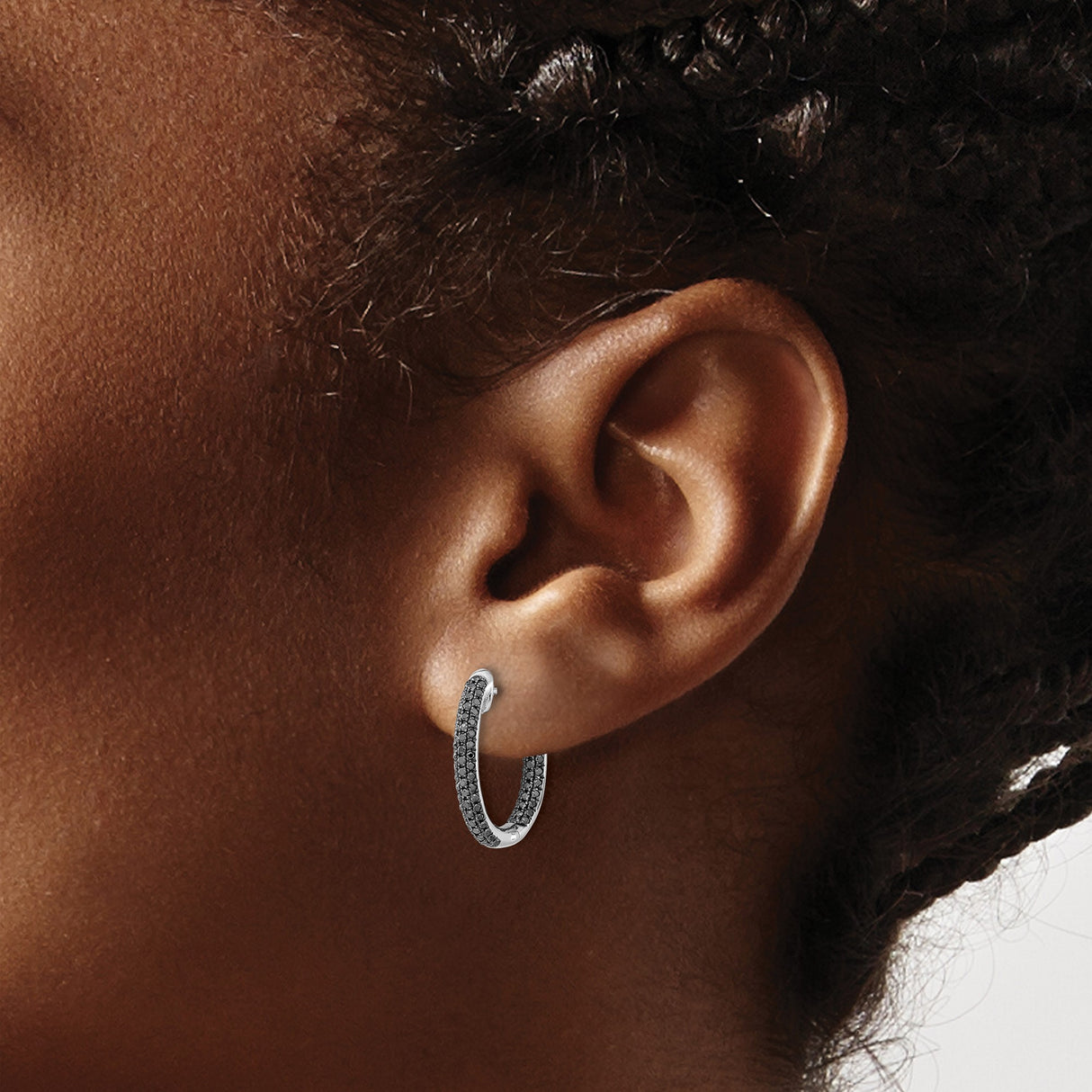 10k White Gold Hoop Earrings with Black Diamond Accents, Sleek Modern Design