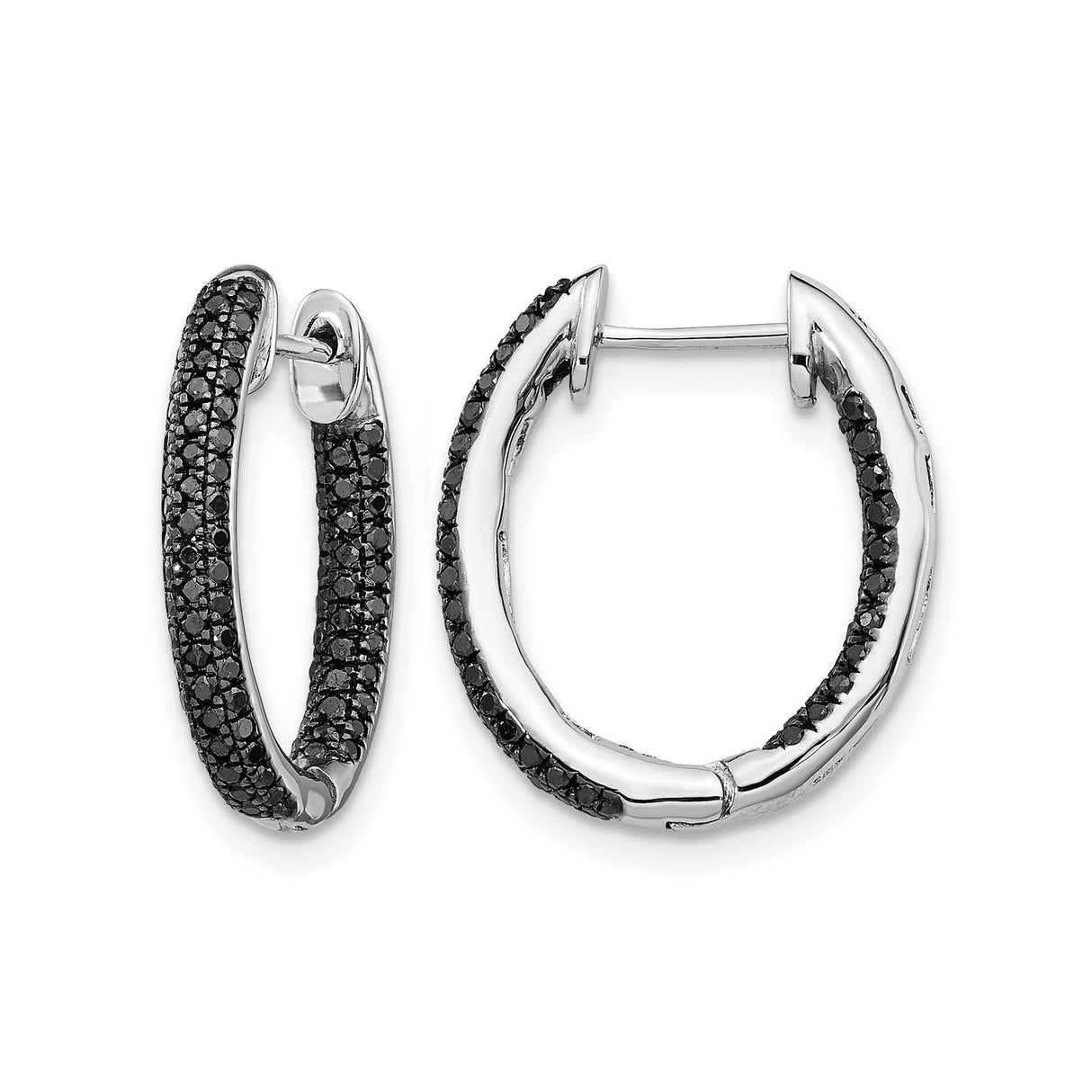 10k White Gold Hoop Earrings with Black Diamond Accents, Sleek Modern Design
