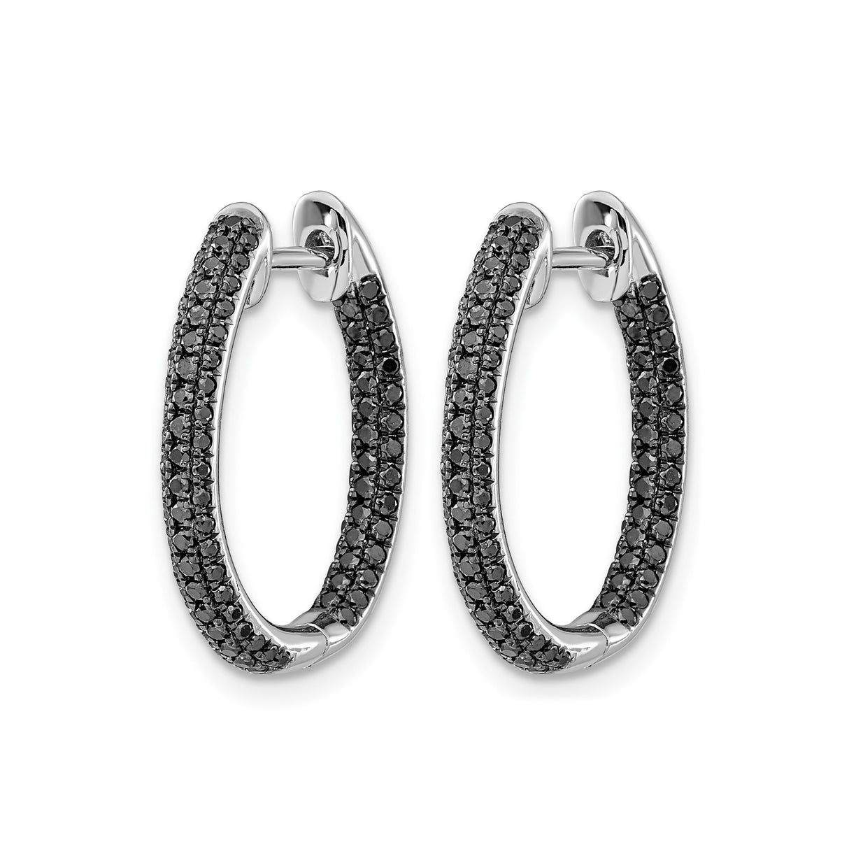 14k White Gold Oval Hoop Earrings with Black Diamonds, Double Row Modern Design