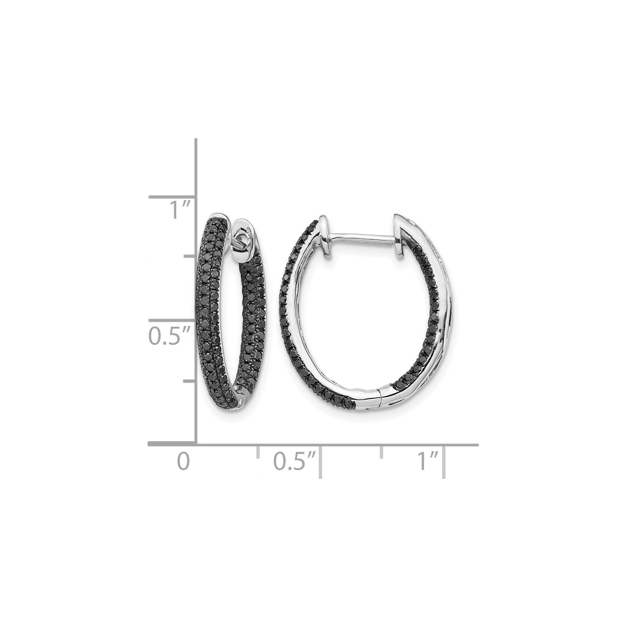 14k White Gold Oval Hoop Earrings with Black Diamonds, Double Row Modern Design
