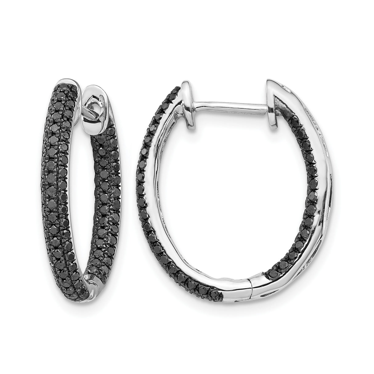 14k White Gold Oval Hoop Earrings with Black Diamonds, Double Row Modern Design