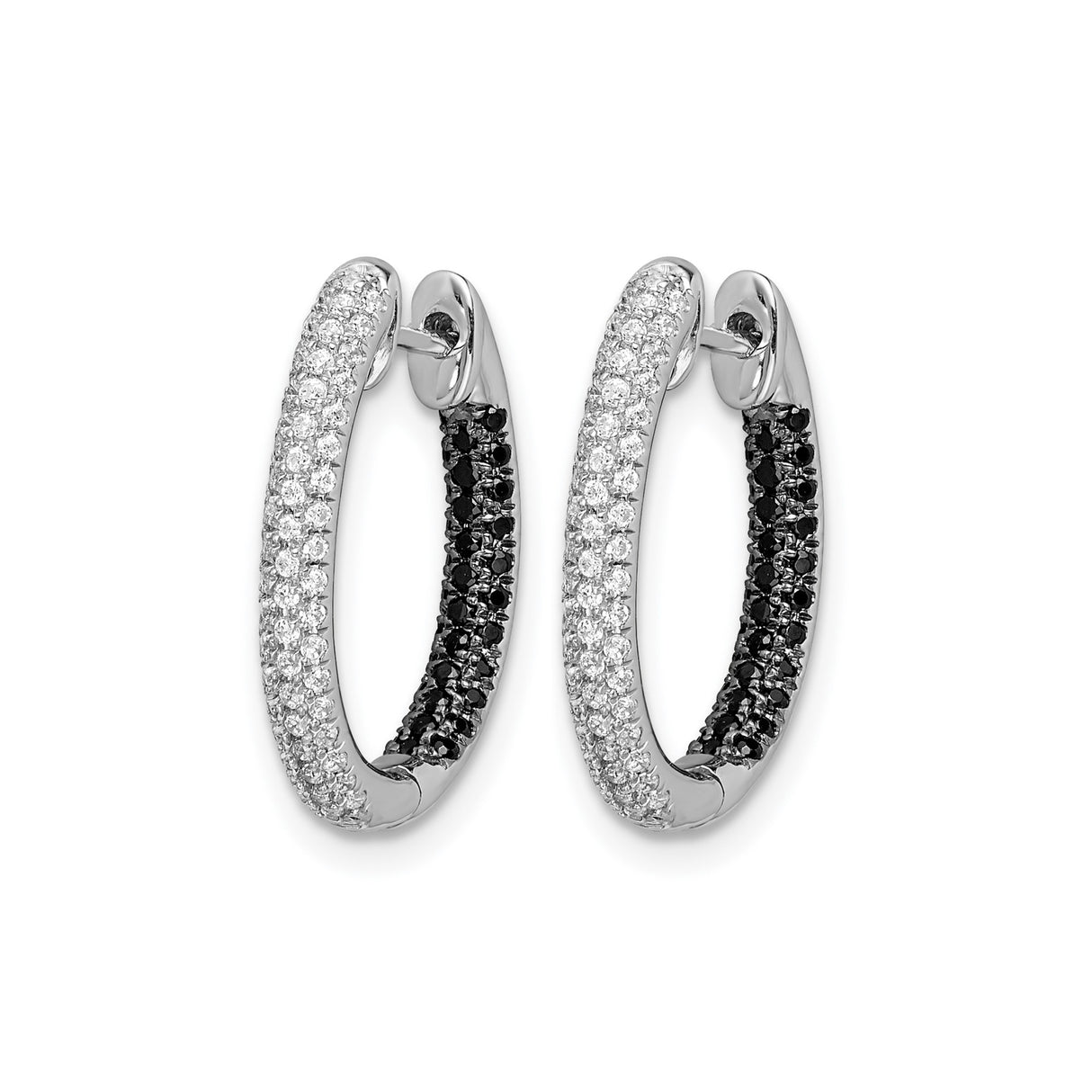 14k White Gold Hoop Earrings with Black and White Diamonds, Modern Split Huggie Design