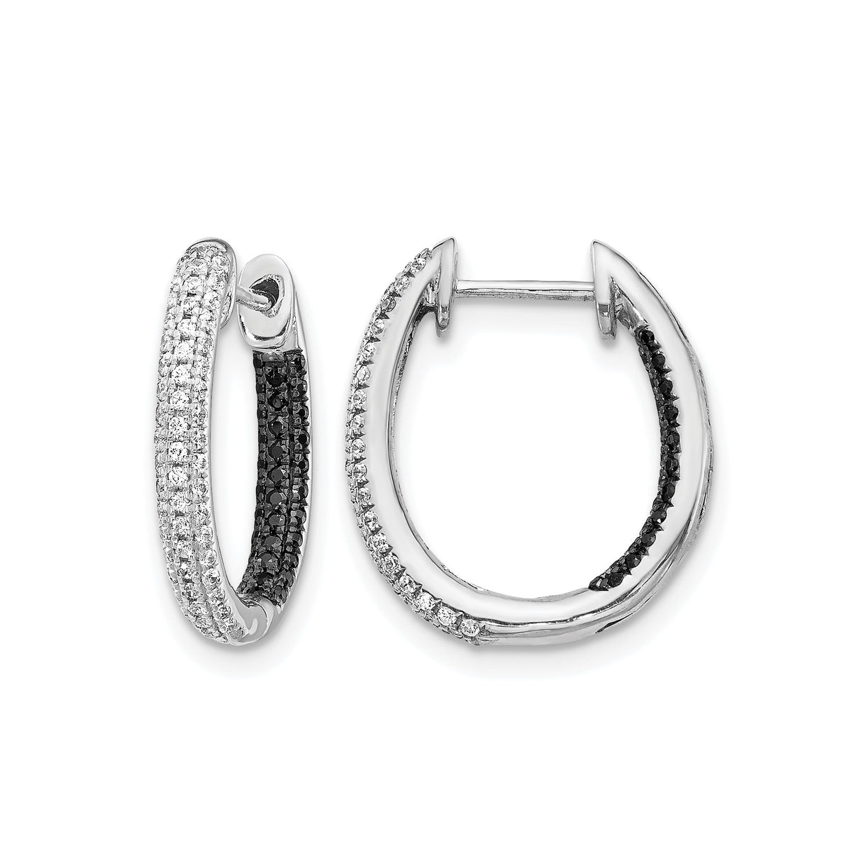 14k White Gold Hoop Earrings with Black and White Diamonds, Modern Split Huggie Design