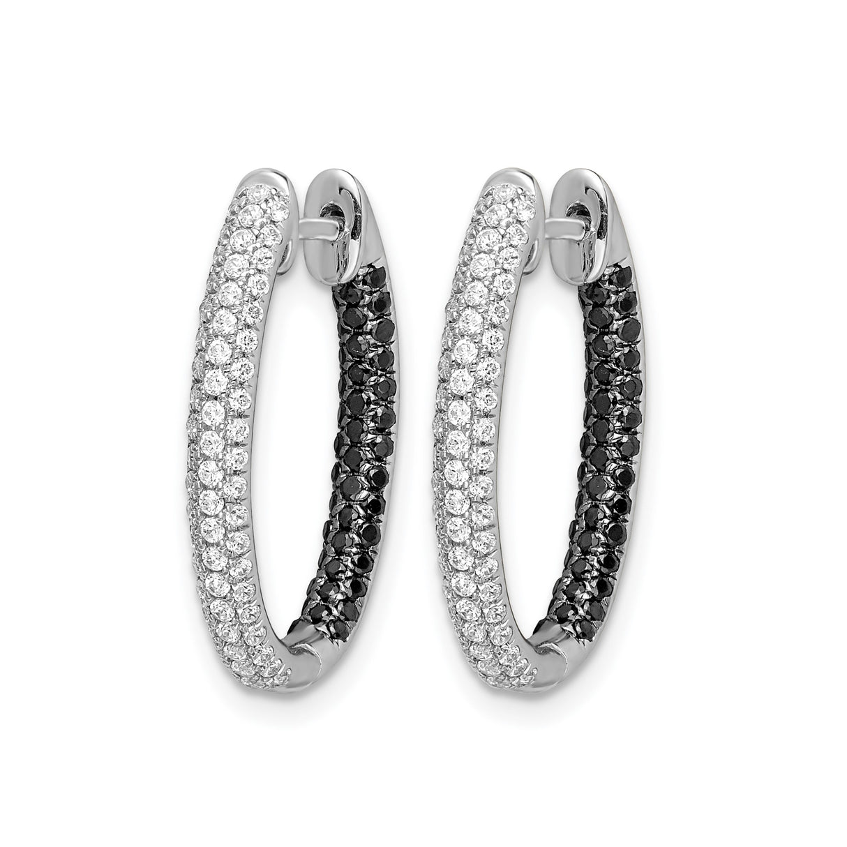 14k White Gold Hoop Earrings with Black and White Diamonds, Contrast Design Huggie Hoops