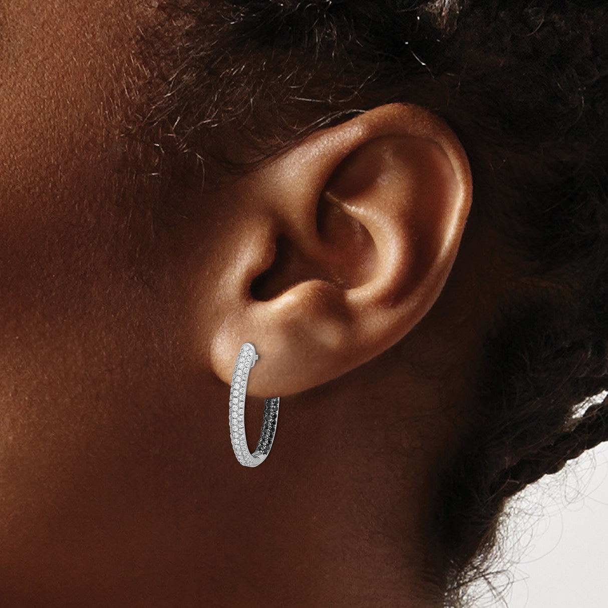 14k White Gold Hoop Earrings with Black and White Diamonds, Contrast Design Huggie Hoops