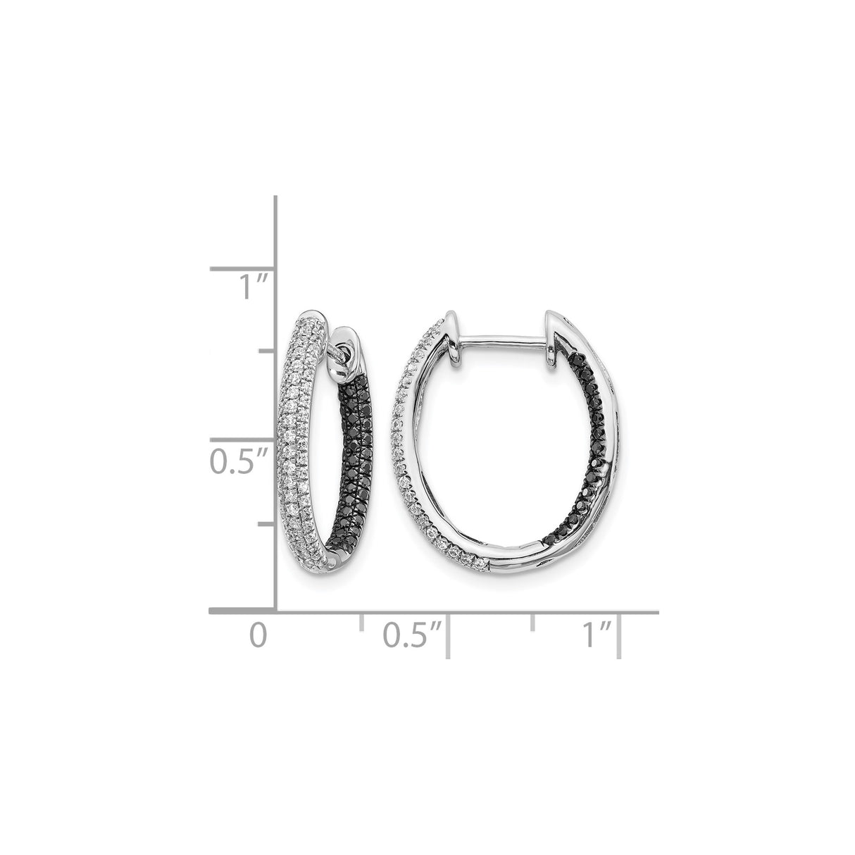 14k White Gold Hoop Earrings with Black and White Diamonds, Contrast Design Huggie Hoops
