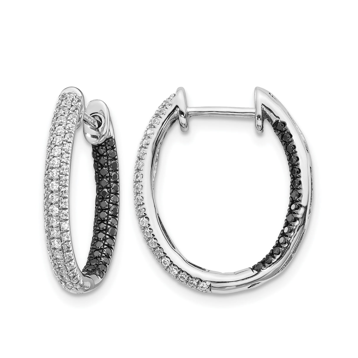 14k White Gold Hoop Earrings with Black and White Diamonds, Contrast Design Huggie Hoops