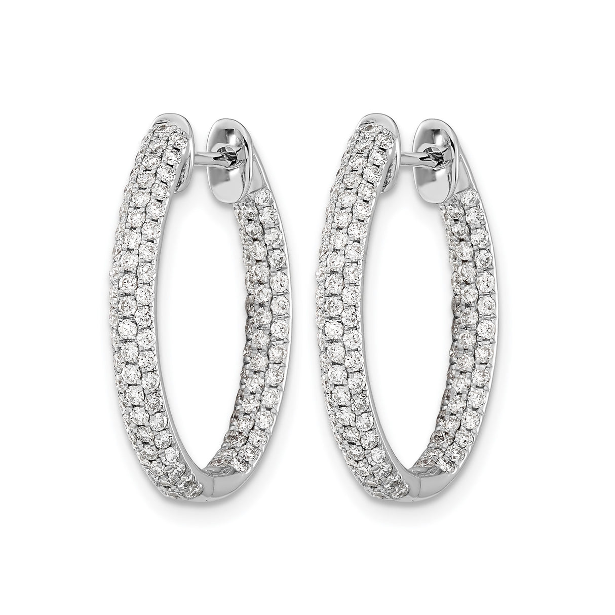 14k White Gold Diamond Hoop Earrings, Pavé Double Row, Hinged Clasp