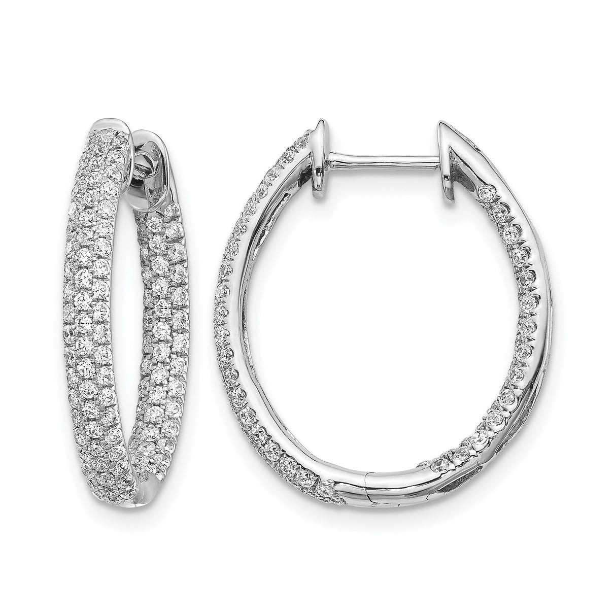14k White Gold Diamond Hoop Earrings, Pavé Double Row, Hinged Clasp