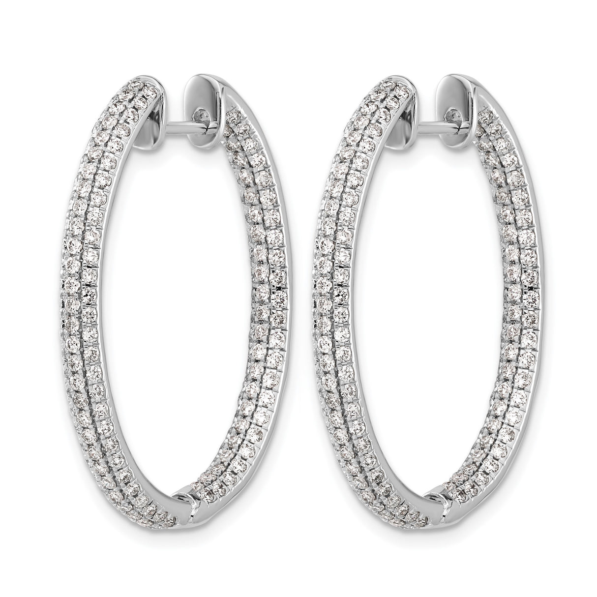 14k White Gold Diamond Hoop Earrings with Triple Row Pavé Round Diamonds