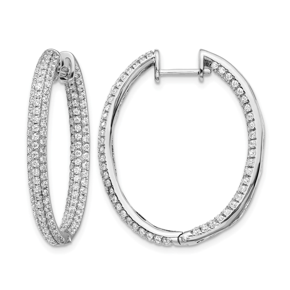 14k White Gold Diamond Hoop Earrings with Triple Row Pavé Round Diamonds
