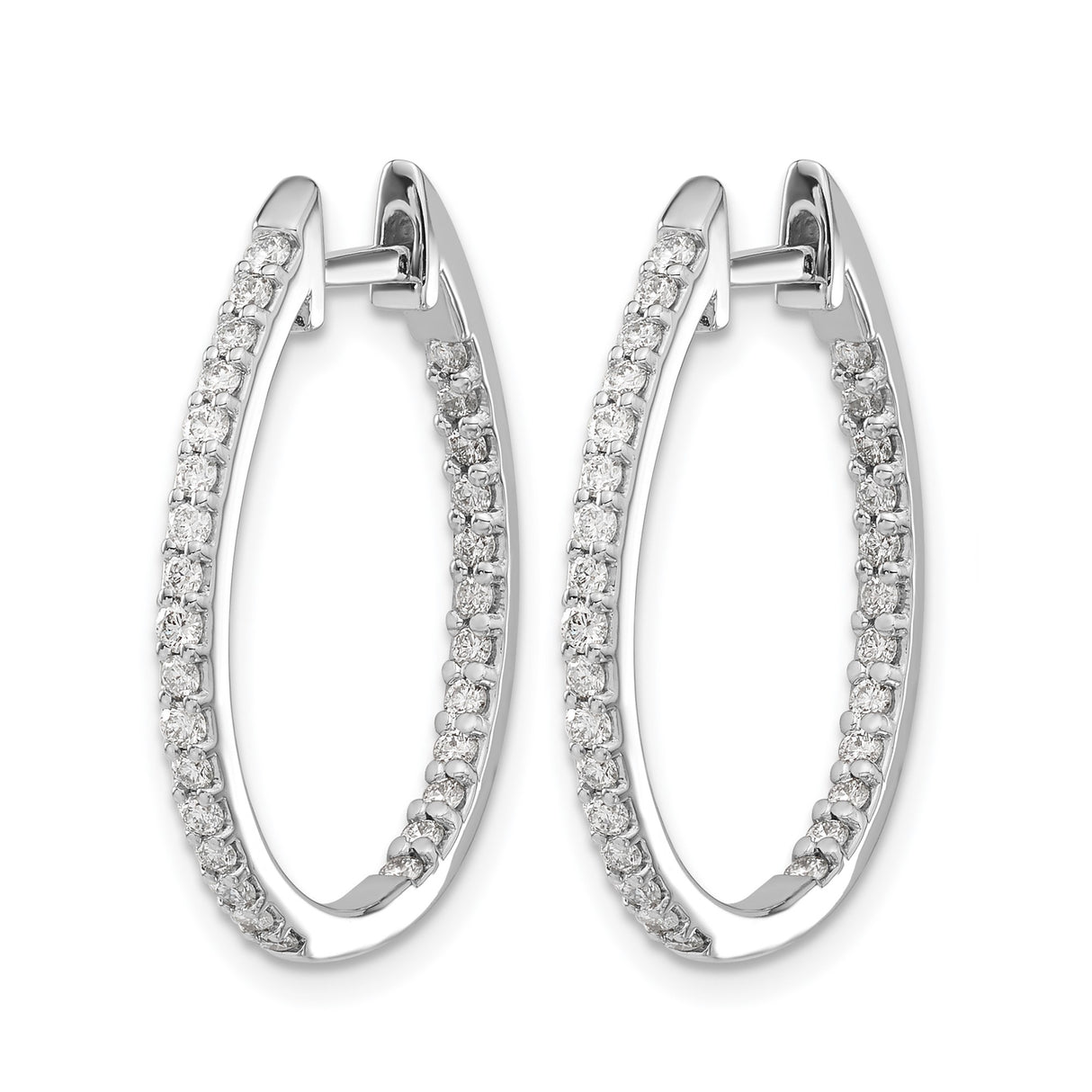14k White Gold Diamond Hoop Earrings, Oval Front-Facing Design, High Polish Finish