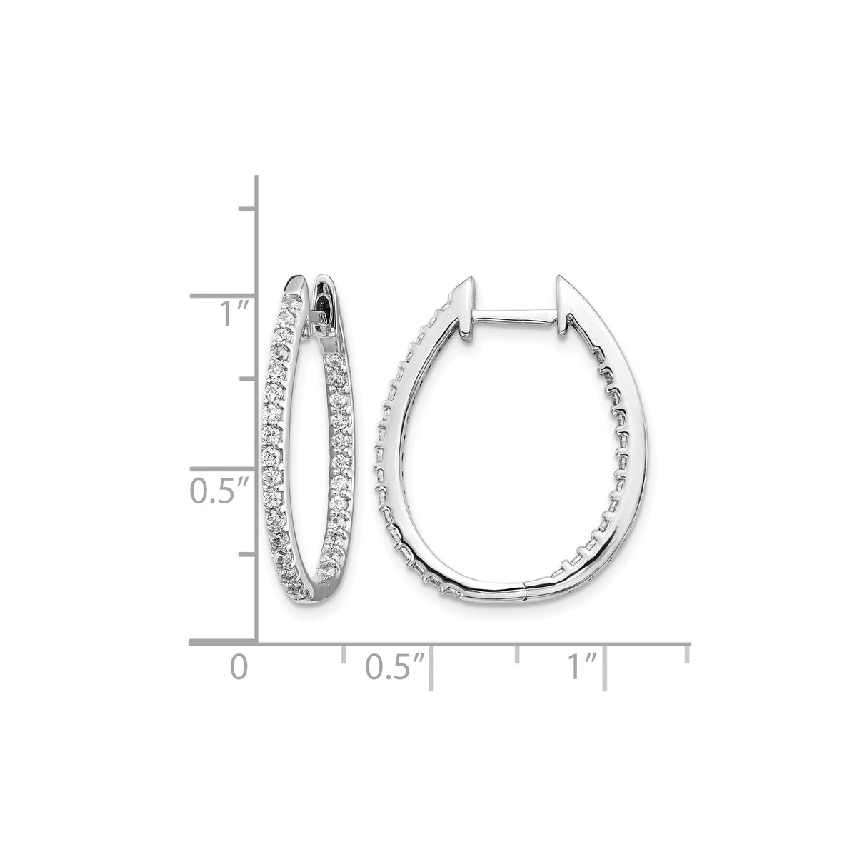 14k White Gold Diamond Hoop Earrings, Oval Front-Facing Design, High Polish Finish