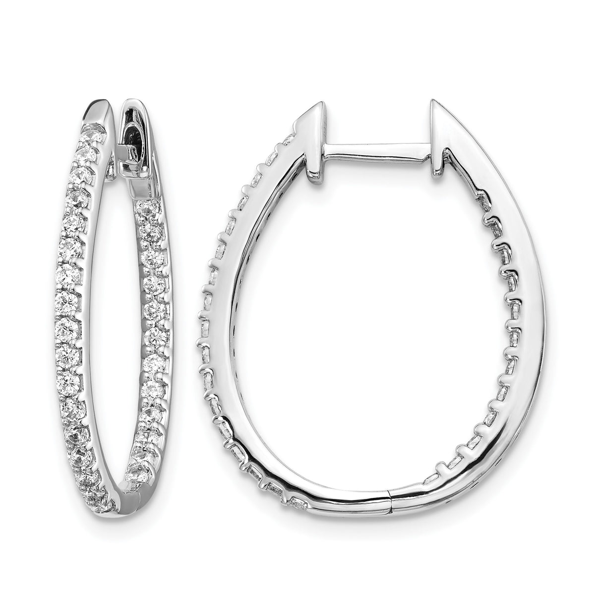 14k White Gold Diamond Hoop Earrings, Oval Front-Facing Design, High Polish Finish