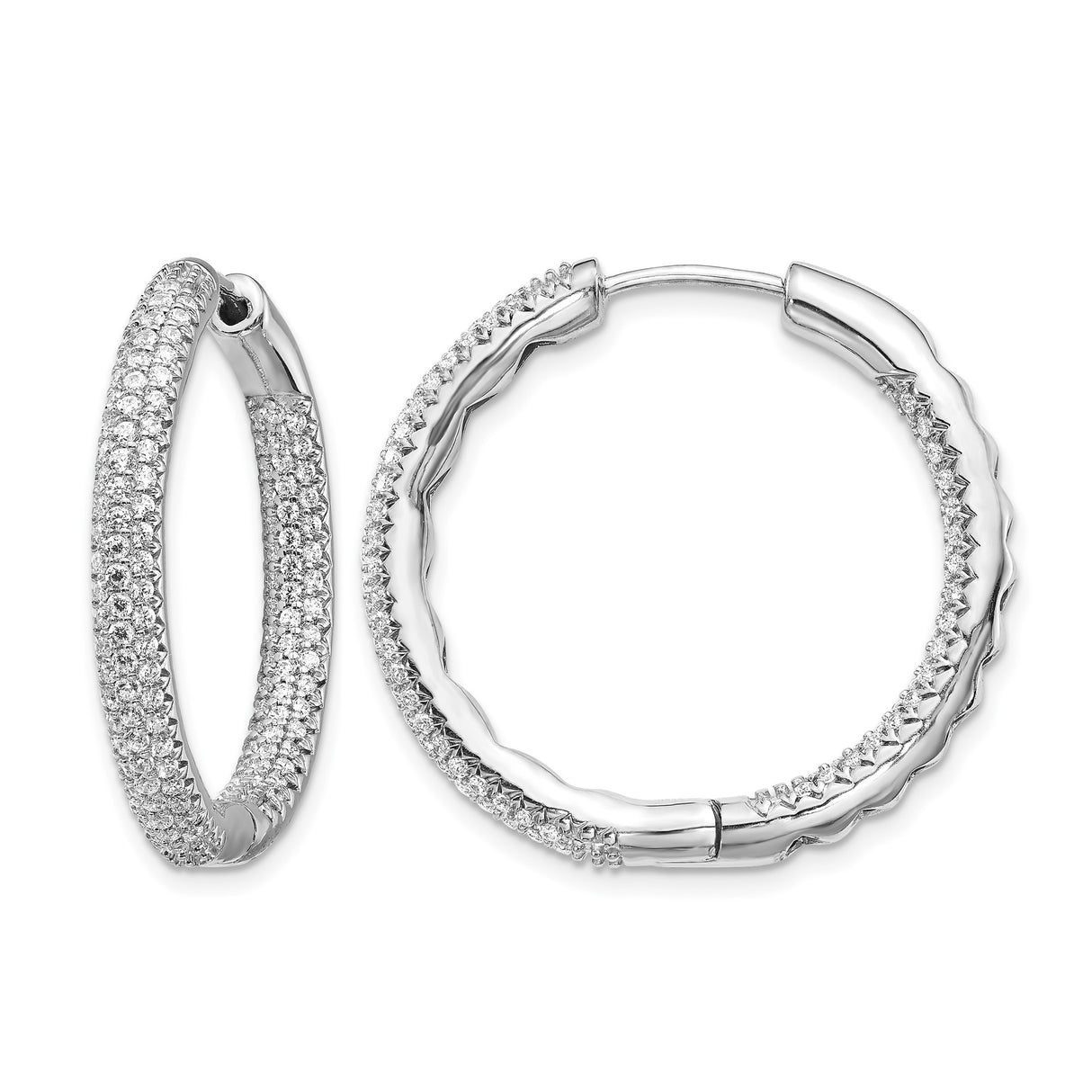 14k White Gold Hoop Earrings with Triple Row Pavé Diamond Setting