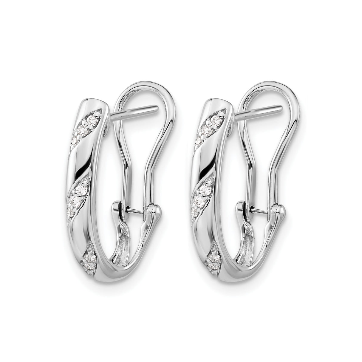 14k White Gold Hoop Earrings with Round Cut Diamonds, Twisted Design, Omega Back