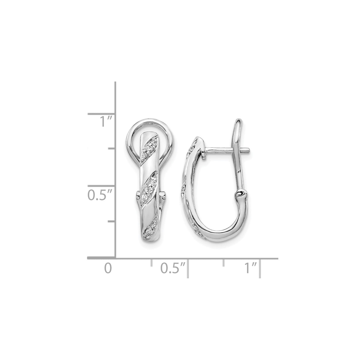 14k White Gold Hoop Earrings with Round Cut Diamonds, Twisted Design, Omega Back