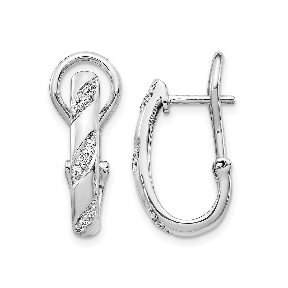 14k White Gold Hoop Earrings with Round Cut Diamonds, Twisted Design, Omega Back