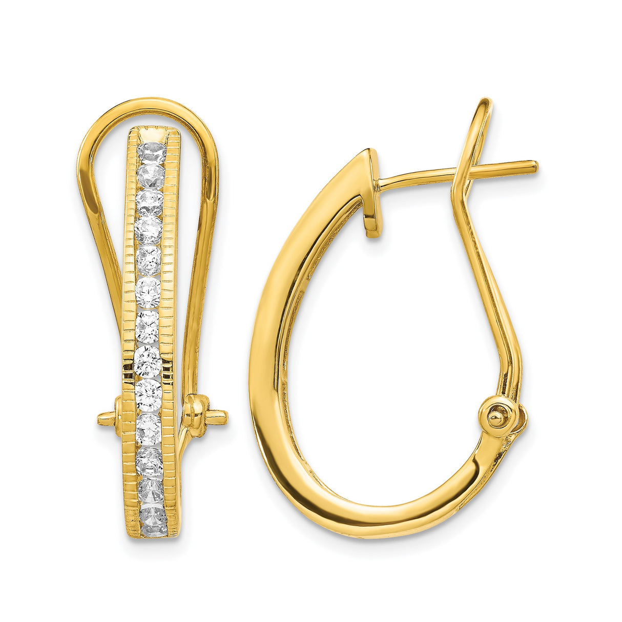14k Yellow Gold Teardrop Hoop Earrings with Diamonds, Sleek Omega Back, Classic Design