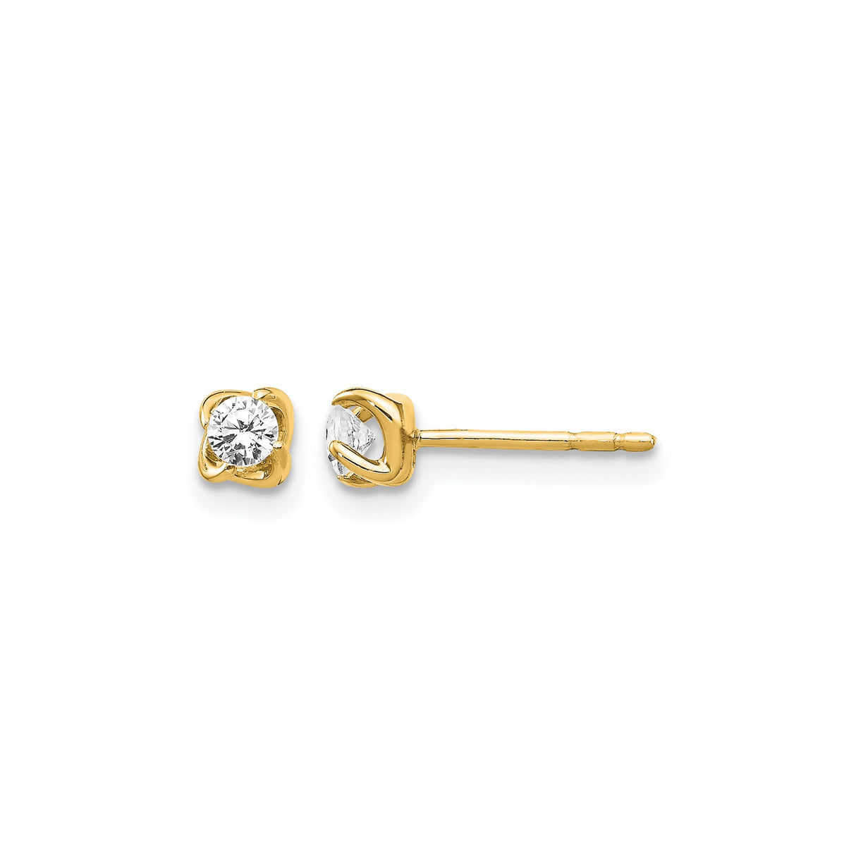14k Yellow Gold Stud Earrings with Round Cut Diamond in Four Prong Setting, Minimalist Design