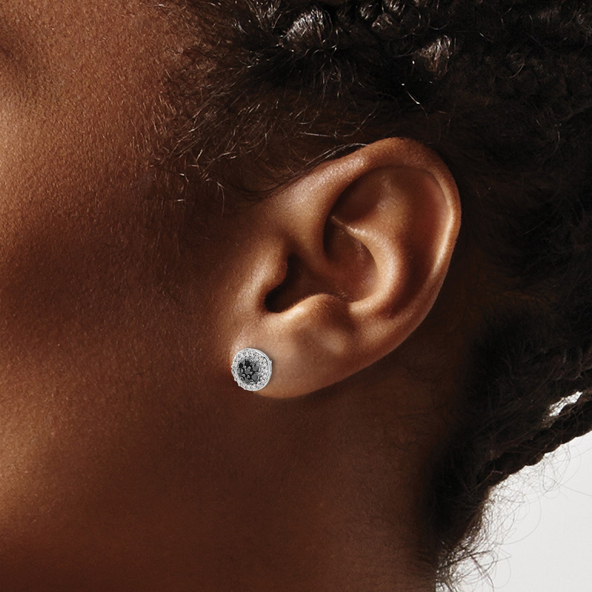 14k White Gold Stud Earrings with Black Diamond Cluster and White Diamond Halo