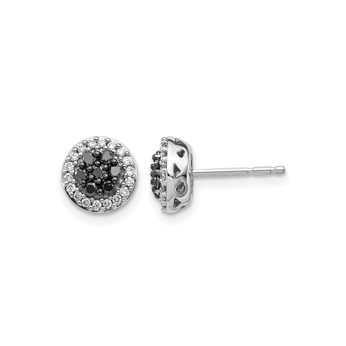 14k White Gold Stud Earrings with Black Diamond Cluster and White Diamond Halo