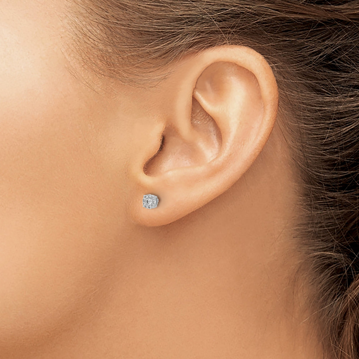 10k White Gold Diamond Stud Earrings, Round Cluster Halo Setting, Polished Finish