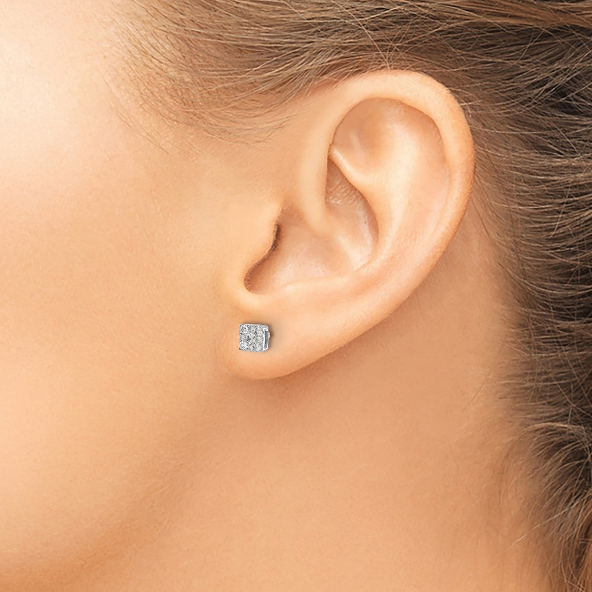 10k White Gold Diamond Cluster Stud Earrings, Round Cut in Square Design