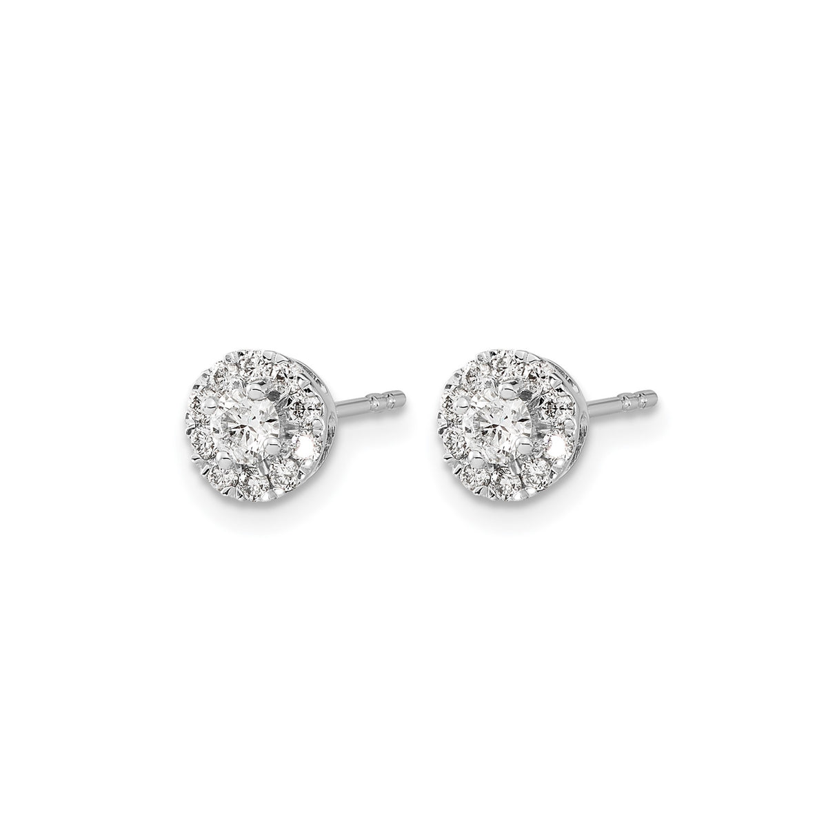 14k White Gold Diamond Stud Earrings with Round Center Stone and Halo Setting