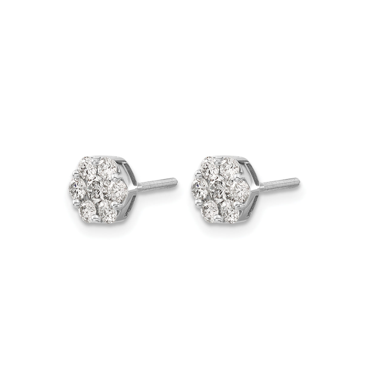 14k White Gold Diamond Cluster Stud Earrings in Floral Hexagon Setting, Screw Back