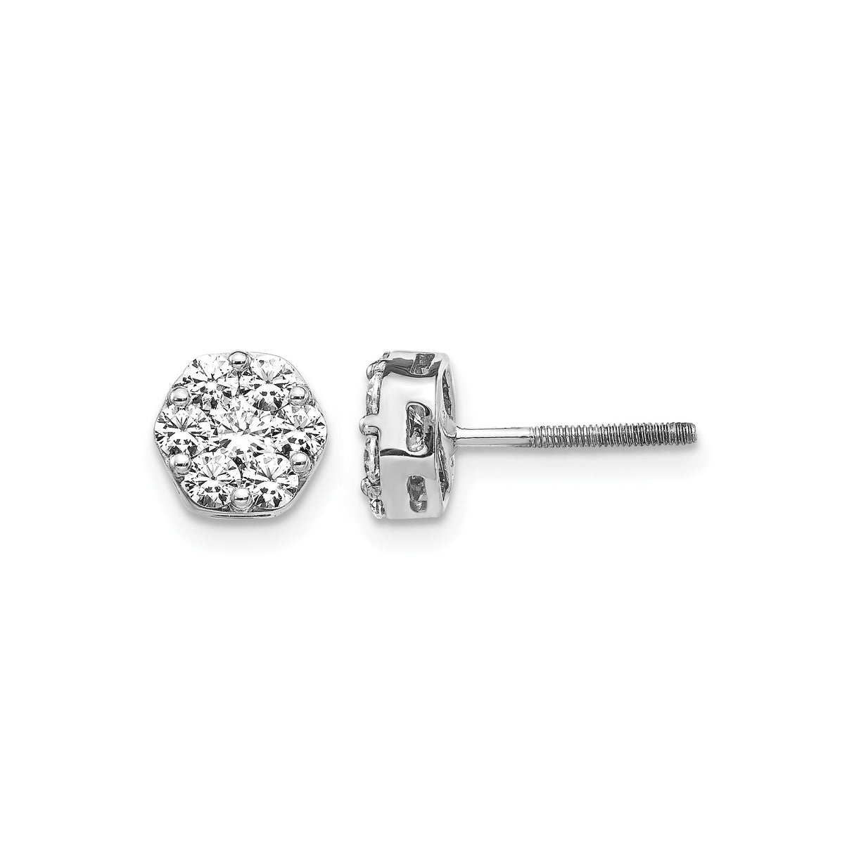 14k White Gold Diamond Cluster Stud Earrings in Floral Hexagon Setting, Screw Back