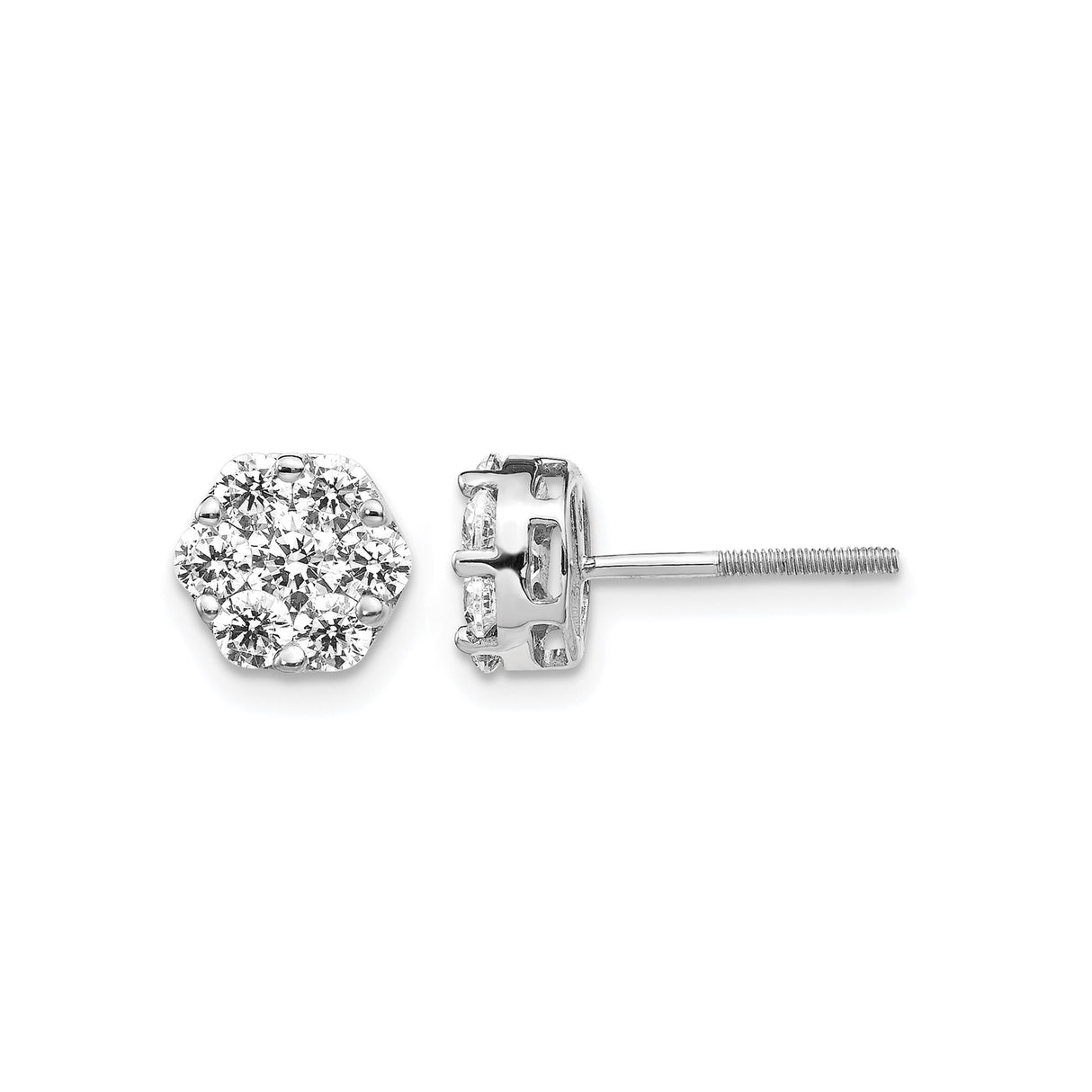 14k White Gold Diamond Cluster Stud Earrings with Floral Hexagon Design