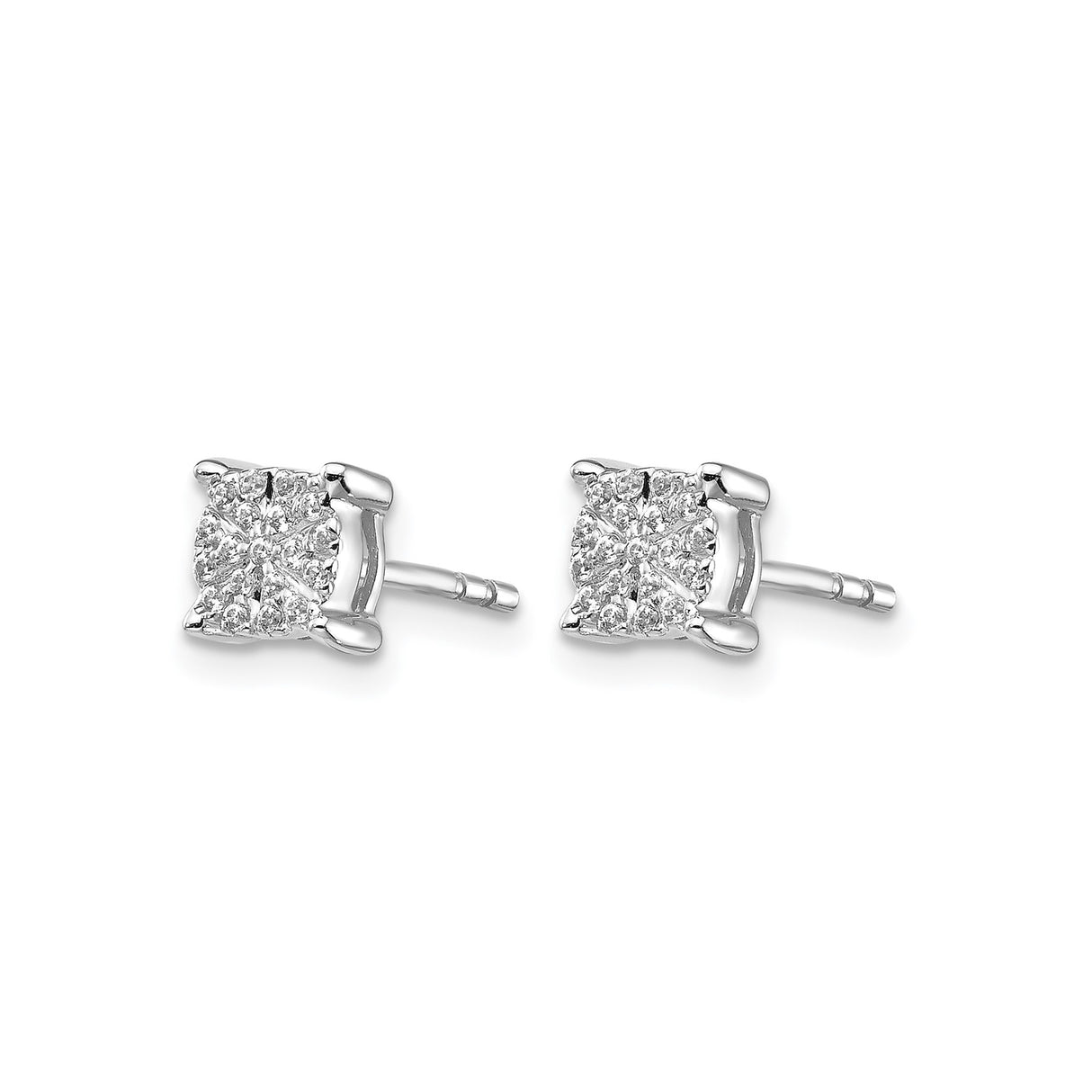 14k White Gold Diamond Stud Earrings with Square Cluster Design, Round Cut Prong Set Diamonds