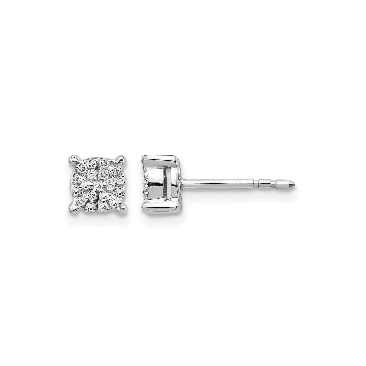 14k White Gold Diamond Stud Earrings with Square Cluster Design, Round Cut Prong Set Diamonds