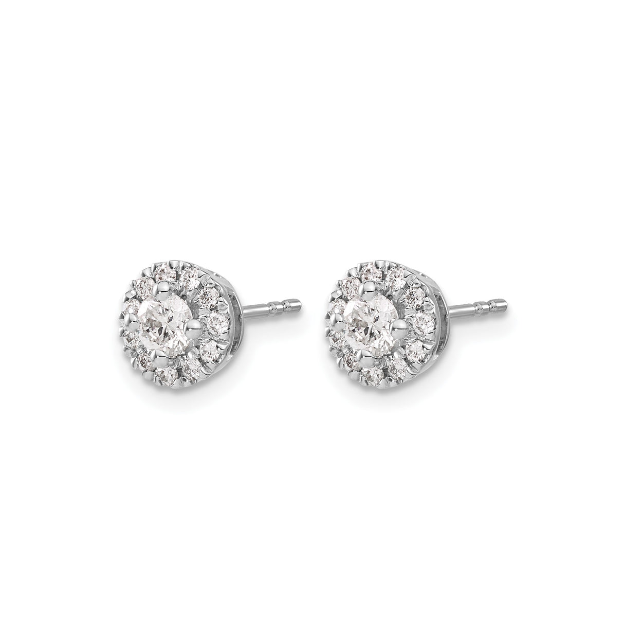 14k White Gold Diamond Halo Stud Earrings with Round Center and Accent Stones