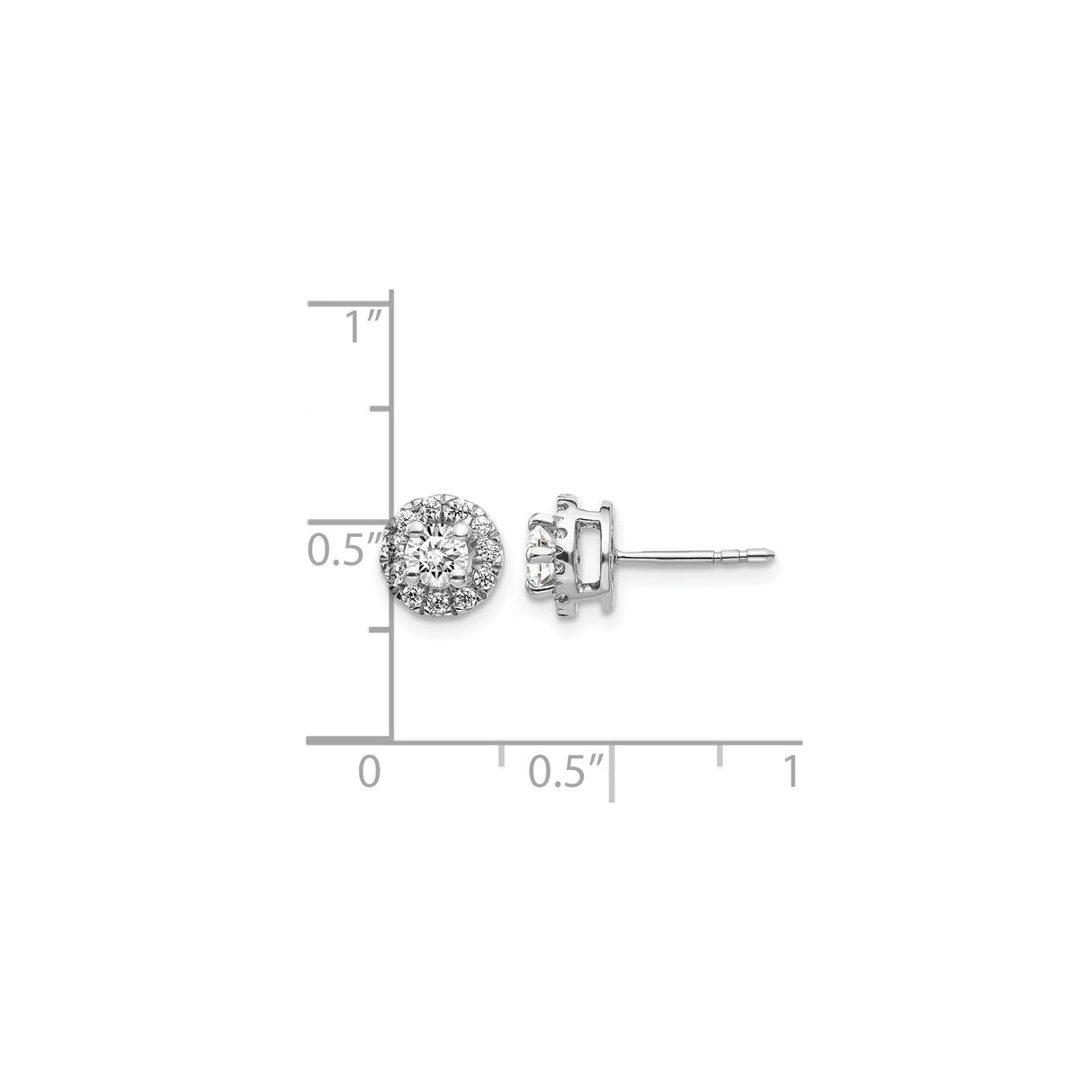 14k White Gold Diamond Halo Stud Earrings with Round Center and Accent Stones