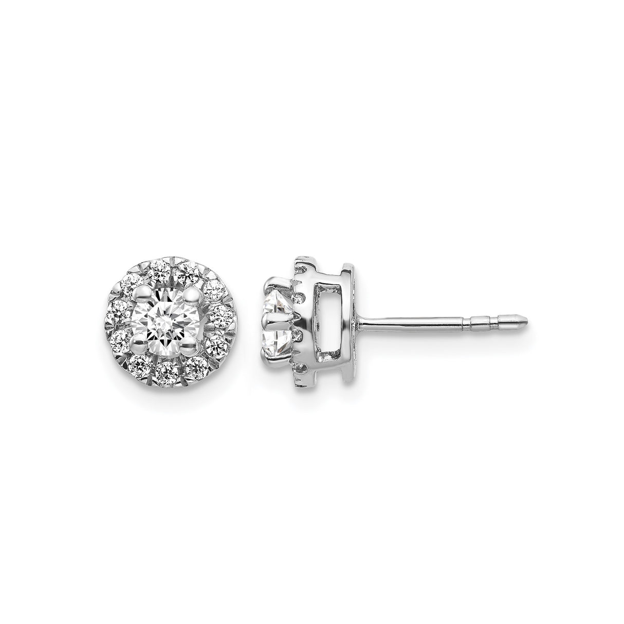 14k White Gold Diamond Halo Stud Earrings with Round Center and Accent Stones