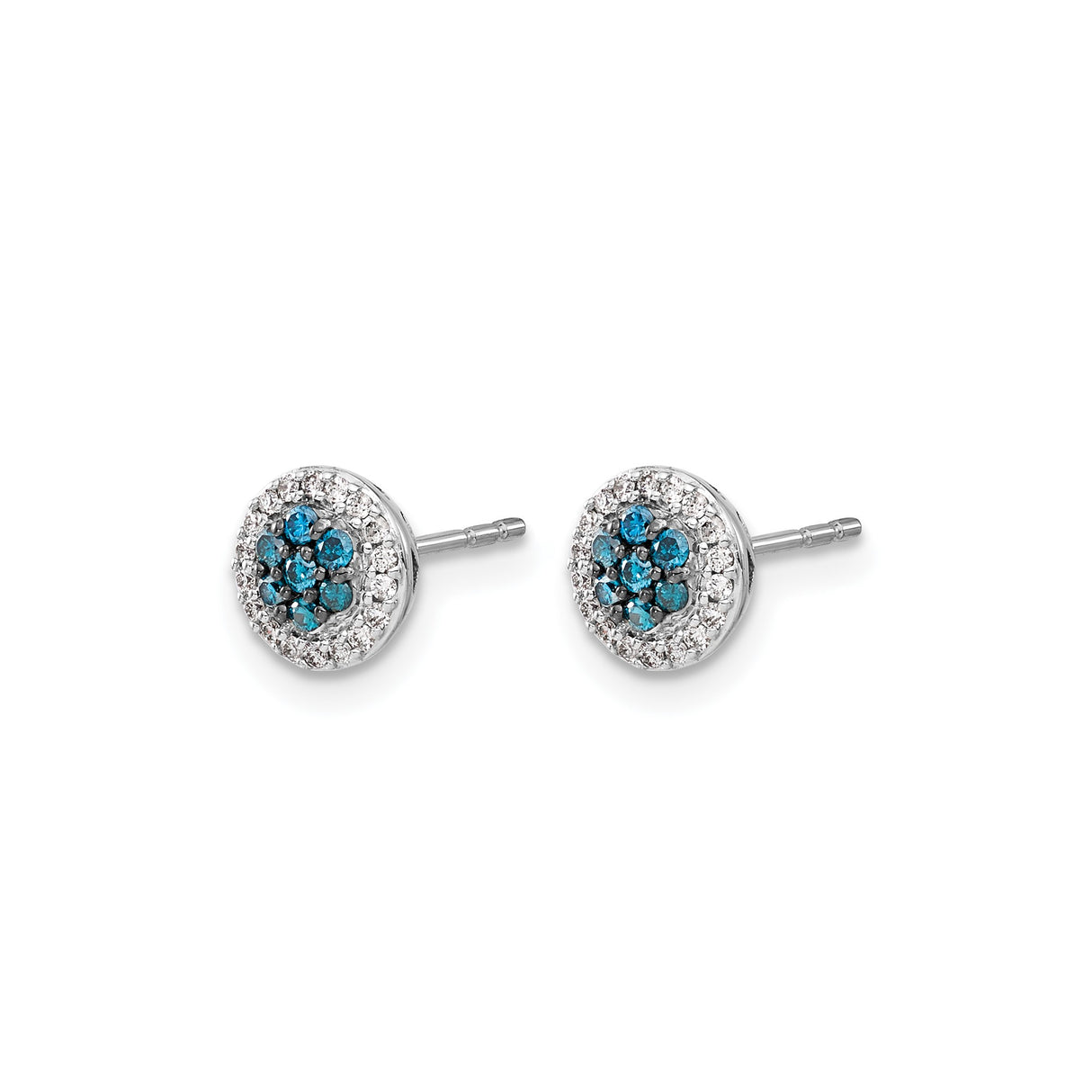 14k White Gold Stud Earrings with Blue Diamond, Floral Cluster Halo Design