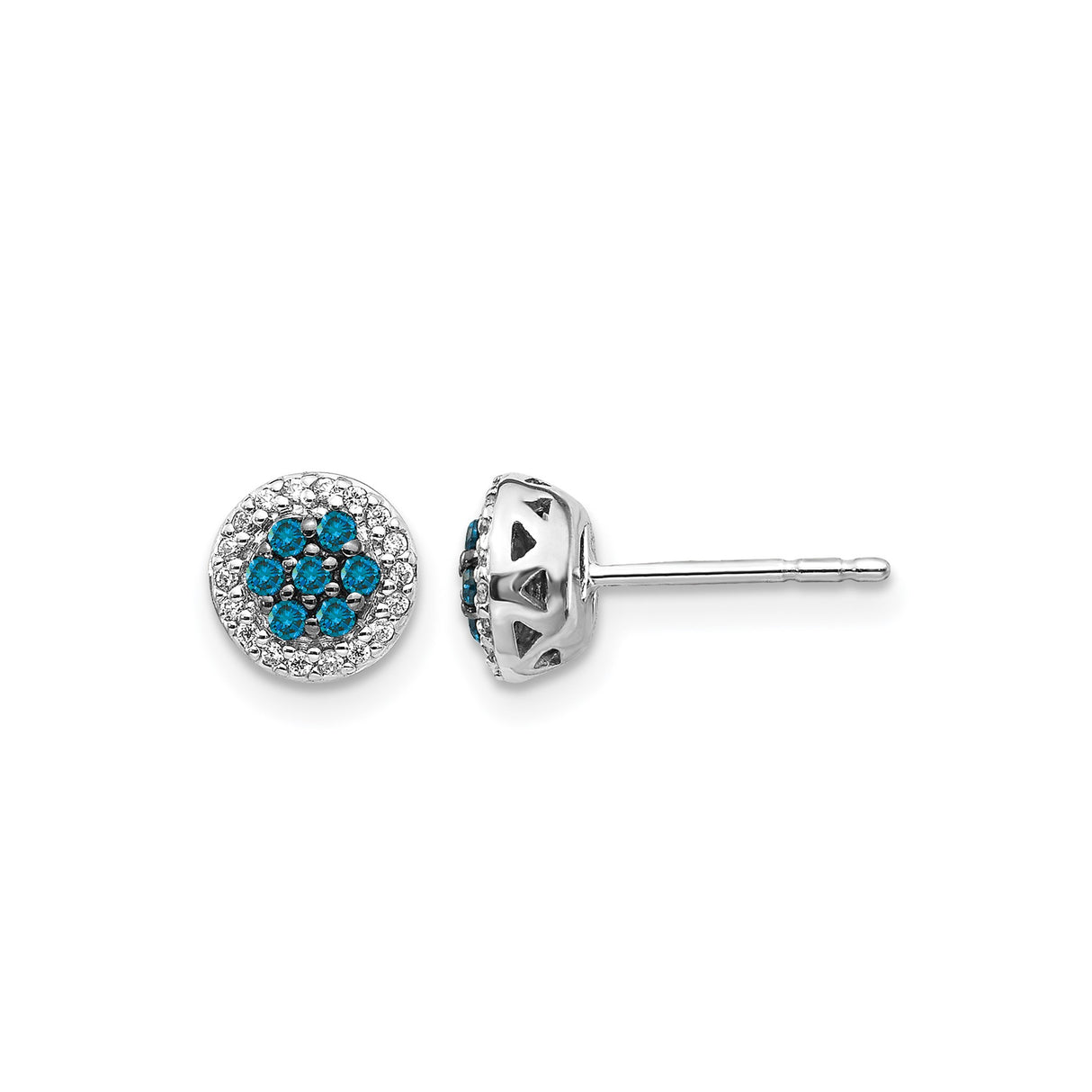 14k White Gold Stud Earrings with Blue Diamond, Floral Cluster Halo Design